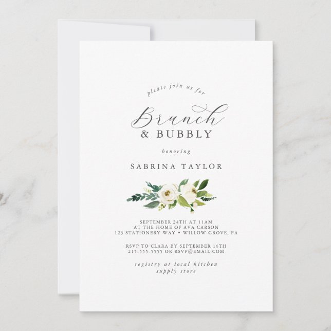 Invitation Elégant Brunch Floral Blanc & Fête des mariées Bub (Devant)