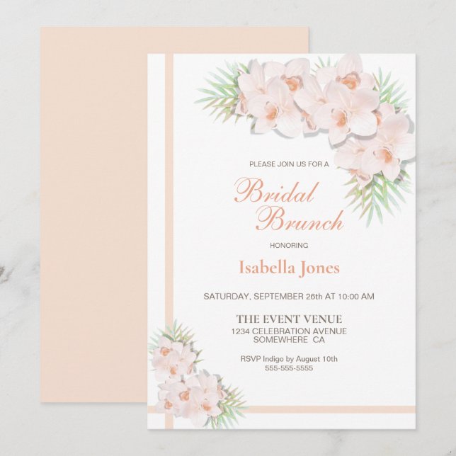 Invitation Élégant brunch floral rose rose pâle (Devant / Derrière)
