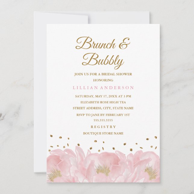 Invitation Elégant brunch rose et Fête des mariées Bubbly (Devant)
