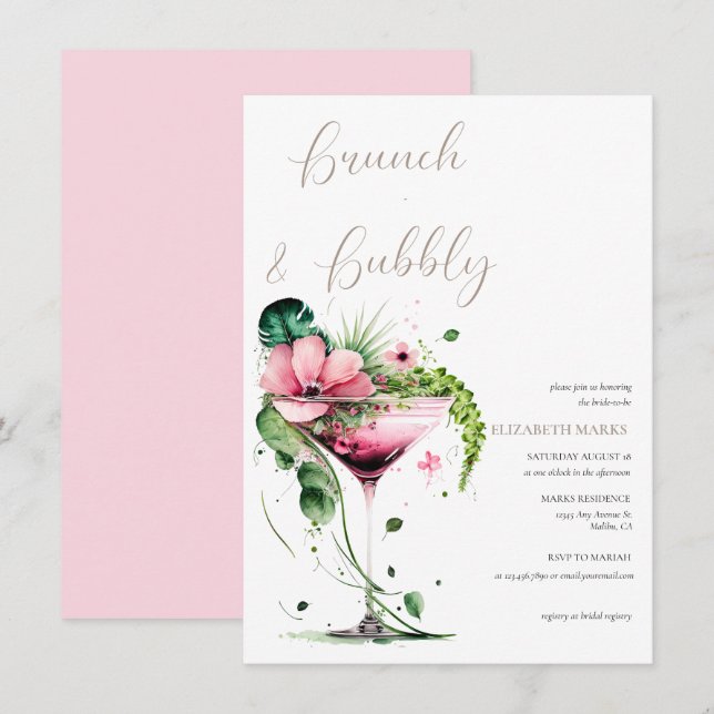 Invitation Élégant Brunch rose floral et Fête des mariées mou (Devant / Derrière)