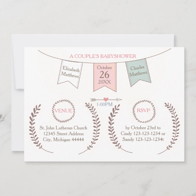 Invitation Elégant Bunting - Baby shower Couple (Devant)