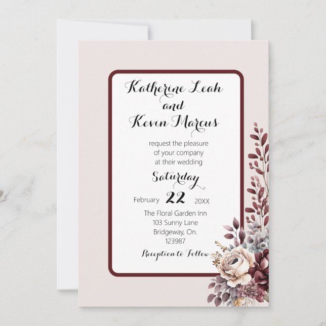 Invitation Élégant Burgandy Dusty Rose Floral (Devant)
