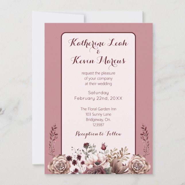 Invitation Elégant Burgandy Dusty Rose Mariage floral (Devant)