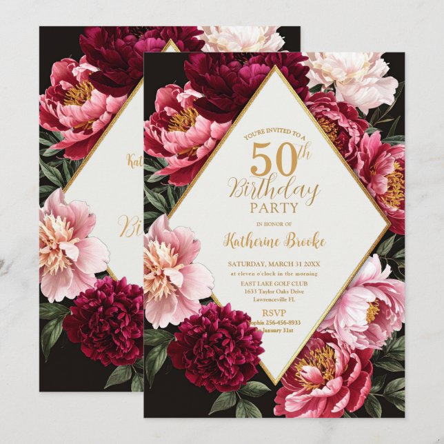 Invitation Elegant Burgundy and Blush Peony Floral Birthday (Devant / Derrière)
