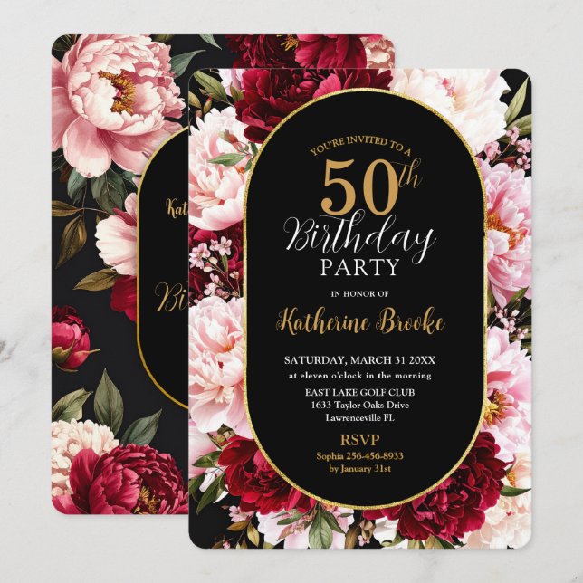 Invitation Elegant Burgundy and Blush Peony Floral Birthday (Devant / Derrière)
