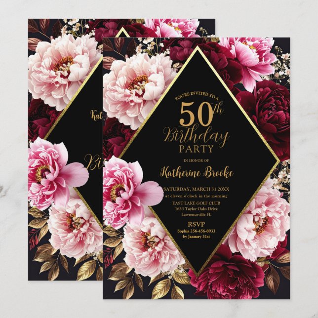 Invitation Elegant Burgundy and Blush Peony Floral Birthday (Devant / Derrière)