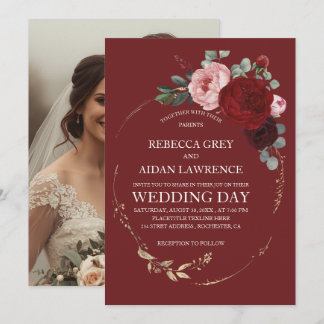 Invitation Elegant Burgundy and Gold Floral Photo Overlay