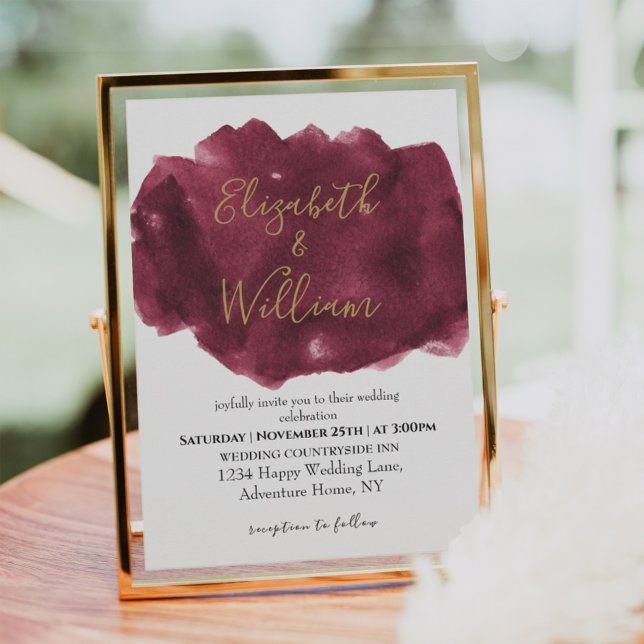 Invitation Elegant Burgundy and Gold Watercolor Wedding (Créateur téléchargé)
