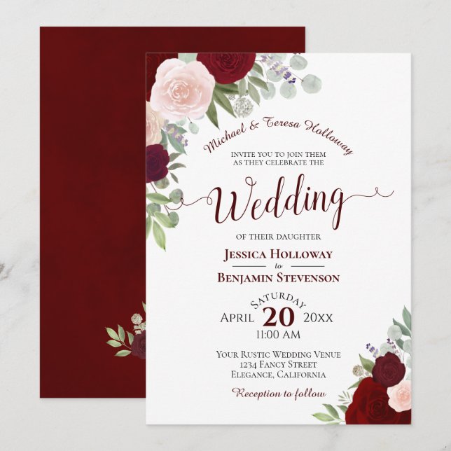Invitation Elégant Burgundy Blush Aquarelle Floral Mariage (Devant / Derrière)