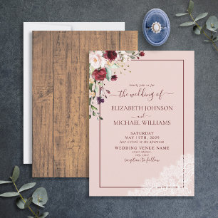 Invitation Elégant Burgundy Blush Botanical Rustic Mariage