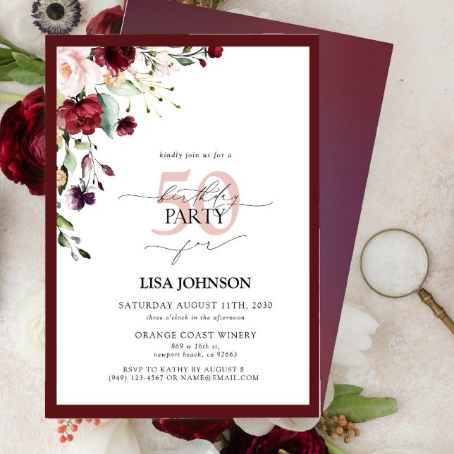 Invitation Elégant Burgundy Blush Floral 50e Anniversaire (Créateur téléchargé)