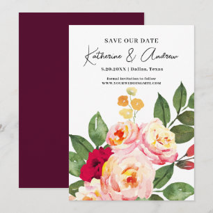 Invitation Élégant Burgundy Blush Floral Enregistrer La Date