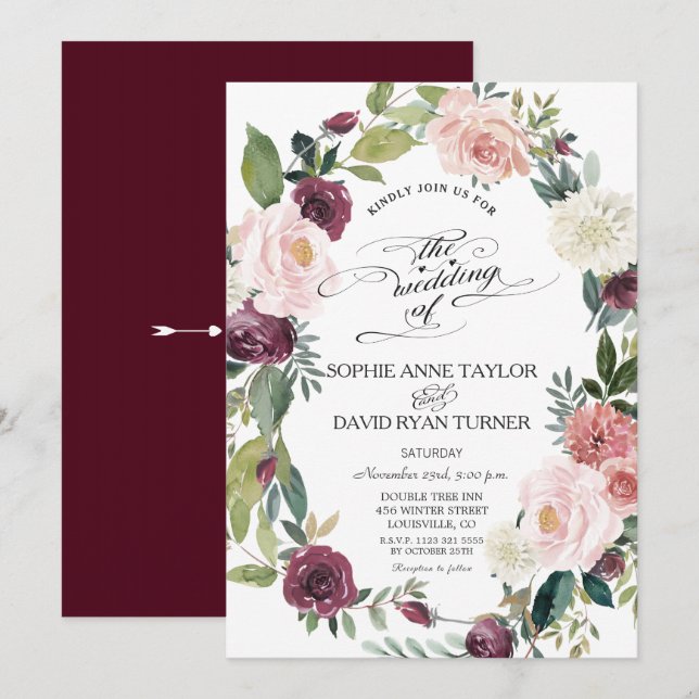 Invitation Élégant Burgundy Blush Ivory Floral Wreath Mariage (Devant / Derrière)