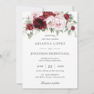 Invitation Élégant Burgundy Blush Peonies Rose Floral Mariage