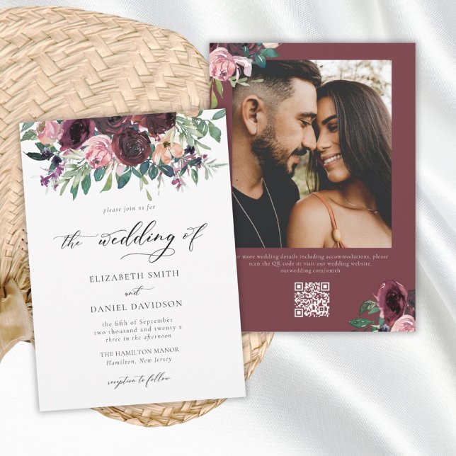 Invitation Elégant Burgundy Blush QR Code Mariage photo (Créateur téléchargé)