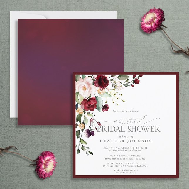 Invitation Elégant Burgundy Floral Aquarelle Douche virtuelle (Créateur téléchargé)