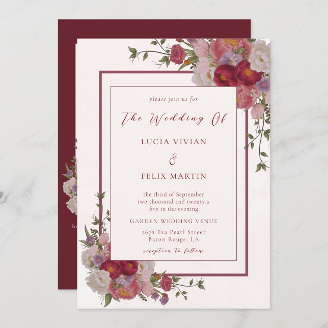 Invitation Élégant Burgundy Floral QR Code Mariage photo (Devant / Derrière)