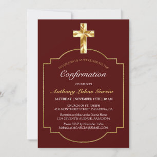 Invitation Elégant Burgundy Gold Cross Boys Confirmation