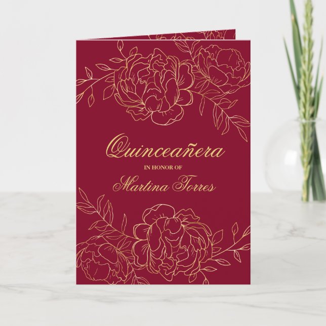 Invitation Elégant Burgundy Gold Fine Art Floral Quinceanera (Devant)