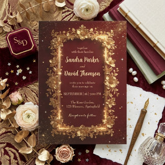 Invitation Elegant Burgundy & Gold Floral Frame Wedding 