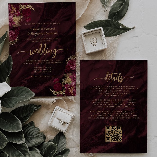 Invitation Elegant Burgundy Gold Floral QR Code Wedding (Créateur téléchargé)