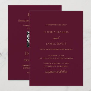 Invitation Élégant Burgundy Gold Minimal Mariage tout en un
