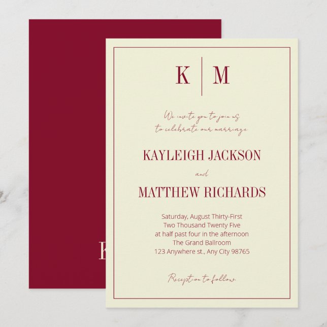 Invitation Elegant Burgundy Ivory Monogram Wedding (Devant / Derrière)