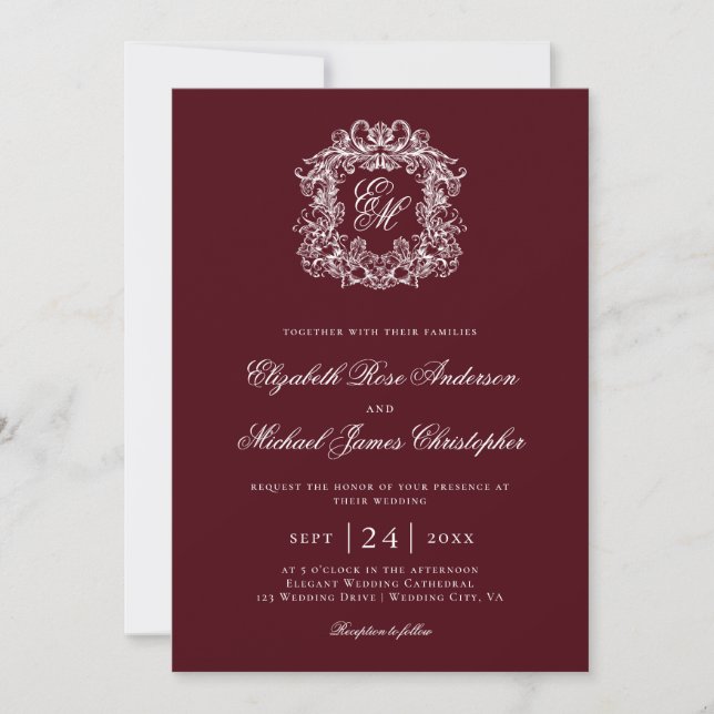 Invitation Elegant Burgundy Monogram Wedding Crest (Devant)