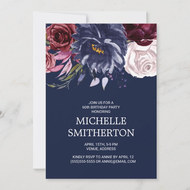 Invitation Elégant Burgundy Navy Blue Floral 60e anniversaire (Devant)