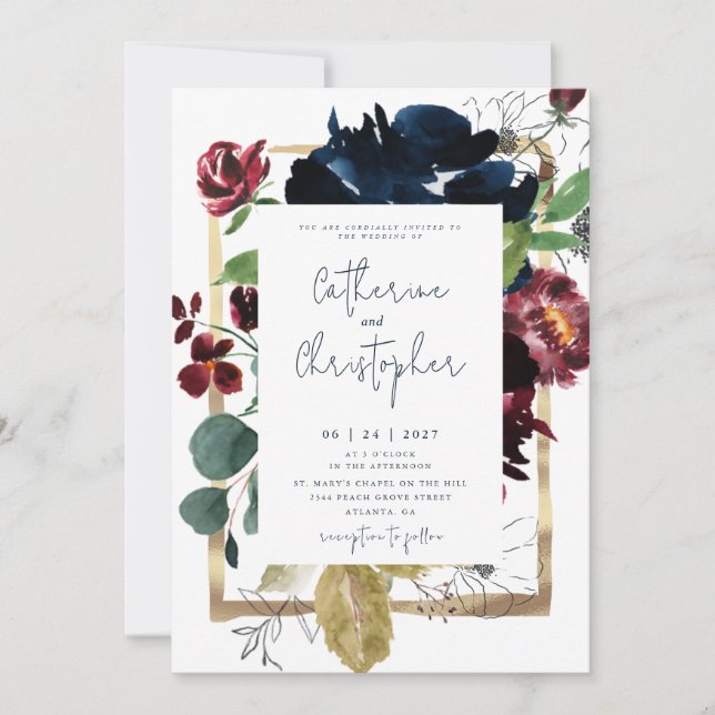 Invitation Elégant Burgundy Navy Blue Floral Garden Mariage (Devant)