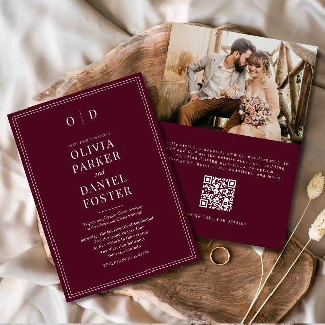 Invitation Elégant Burgundy Photo QR Code Mariage (Créateur téléchargé)