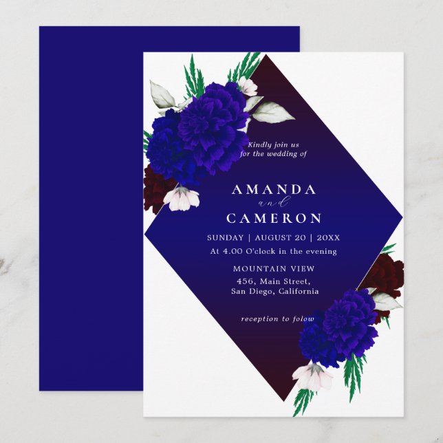 Invitation Elegant Burgundy Red Navy Blue "MARIGOLD" Wedding (Devant / Derrière)