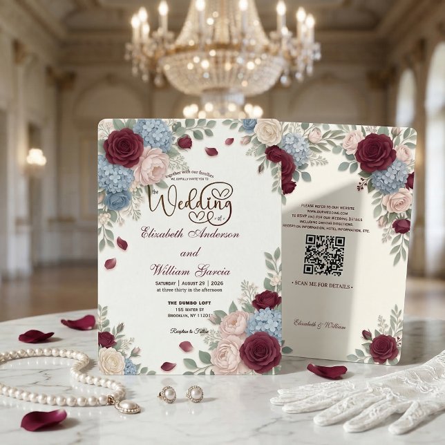 Invitation Elegant Burgundy Rose Modern QR Code Wedding (Créateur téléchargé)