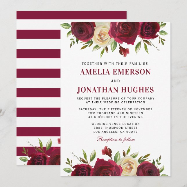 Invitation Élégant Burgundy Rouge Floral Automne Mariage d'hi (Devant / Derrière)