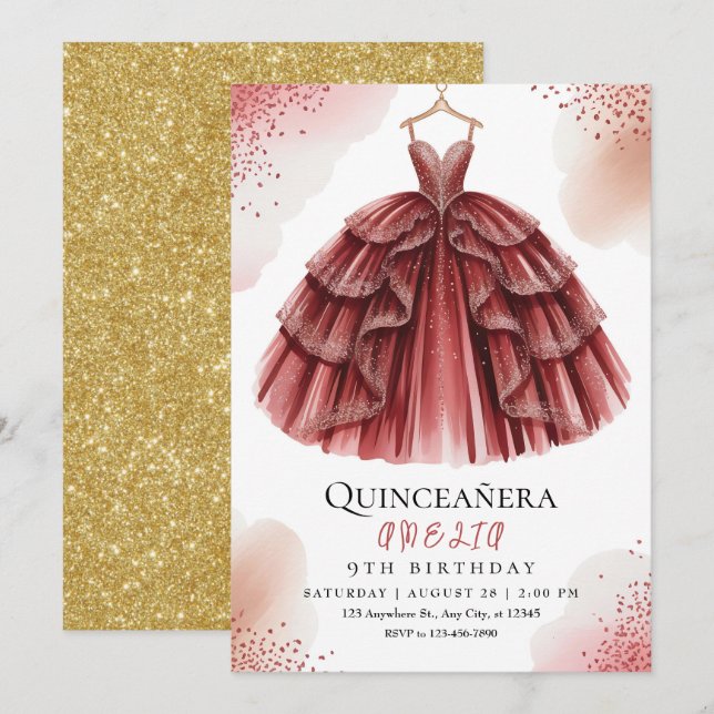 Invitation Élégant Burgundy Sweet 15 (Devant / Derrière)