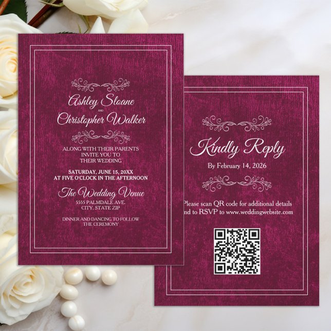 Invitation Elegant Burgundy Velvet White QR code Wedding (Burgundy velvet wedding invitation with your QR code)