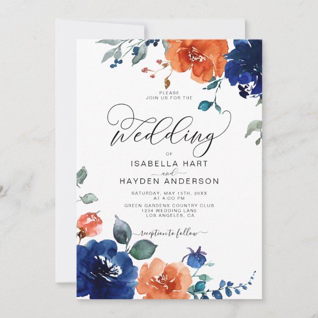 Invitation Élégant Burnt Orange Navy rouille Mariage floral (Devant)