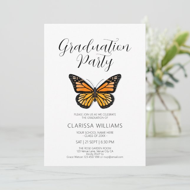 Invitation Élégant Butterfly Black & White Graduation Party (Debout devant)