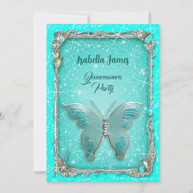 Invitation élégant Butterfly classe luxe turquoise argent (Devant)