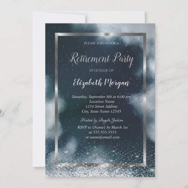 Invitation Elégant cadre Argent Confetti Night Sky Retraite (Devant)