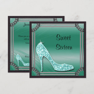 Invitation Élégant cadre argent stiletto sarcelle Sweet 16
