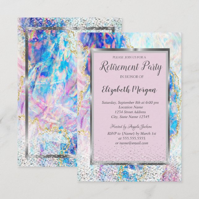 Invitation Élégant cadre argenté Confetti Opal Retirement (Devant / Derrière)