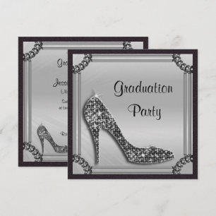 Invitation Élégant cadre argenté Stiletto noir Graduation