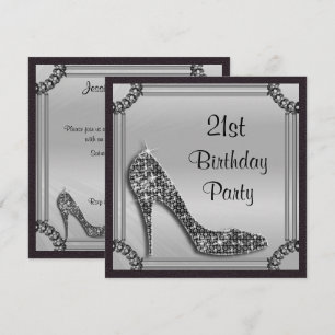 Invitation Elégant cadre argenté stiletto noir pour 21e anniv