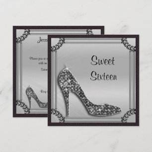 Invitation Élégant cadre argenté stiletto noir Sweet 16