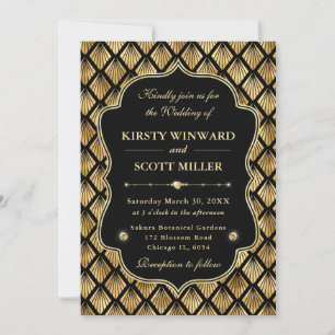 Invitation Élégant Cadre Art Déco Éventail Mariage Or