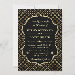 Invitation Élégant Cadre Art Déco Éventail Or Mariage