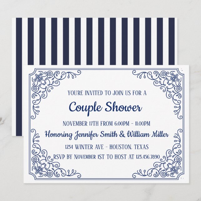 Invitation Elégant cadre bleu fleuris tourbillon Couple Douch (Devant / Derrière)