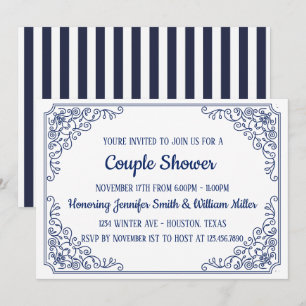 Invitation Elégant cadre bleu fleuris tourbillon Couple Douch