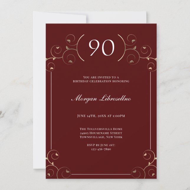 Invitation Elégant cadre Bourgogne Or 90e anniversaire (Devant)